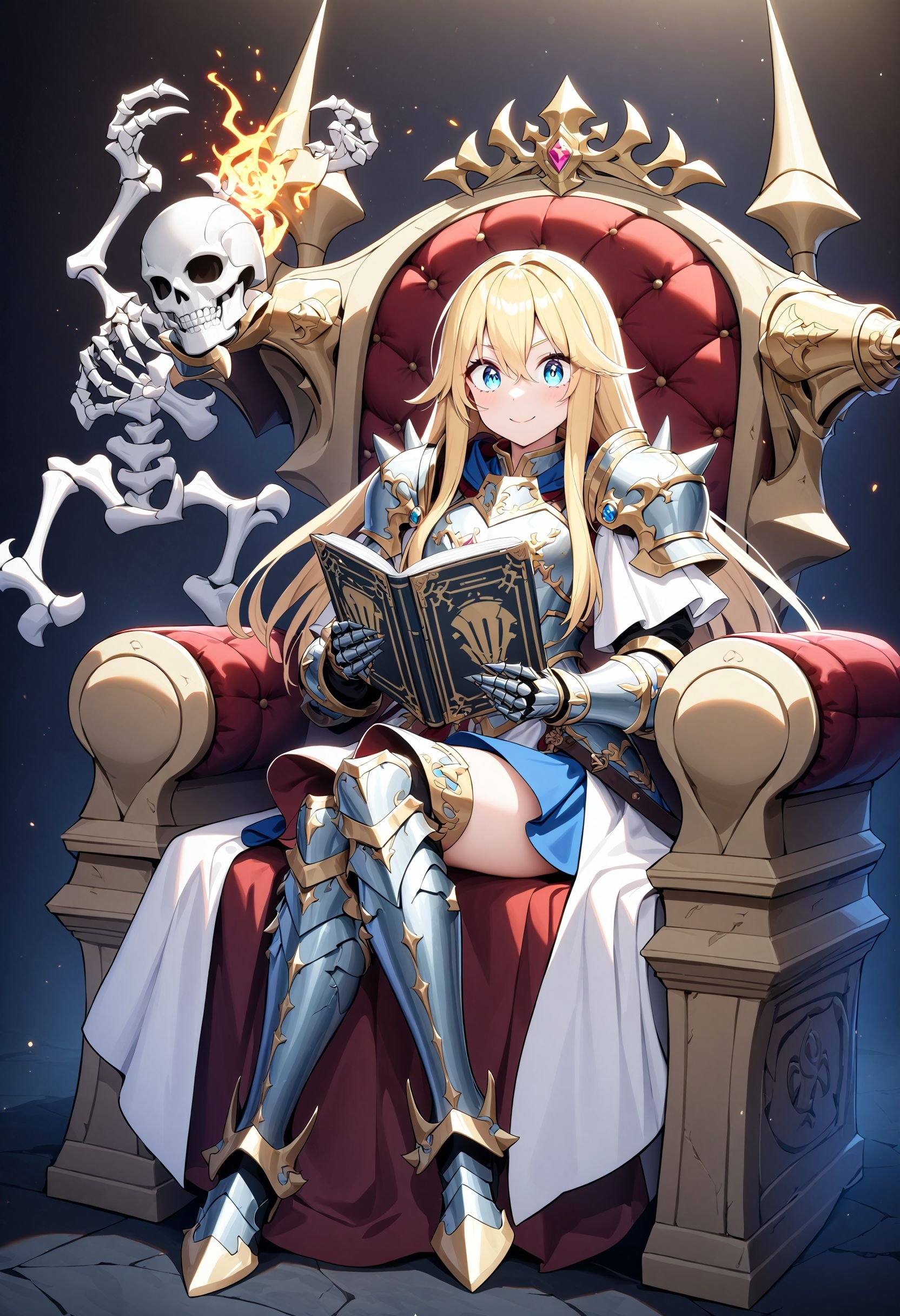 1girl,    gauntlets, eyebrows visible through hat, looking at viewer, holographic interface, boots, shoulder armor, thigh boots, blonde hair, skirt, blue skirt, crossed legs, dark background, english text, hair between eyes, bone armor, blue eyes, white robe, armored boots, magic, closed mouth, casting spell, skeleton, book, knees together feet apart, plate armor, spiked armor, long hair, full body, black footwear, medieval, darkrai \(metal slug\), armor, smile, sitting, holding, breastplate, holding book, wide-eyed, solo, robe, throne, bone, helmet, masterpiece, best quality, absurdres, safe