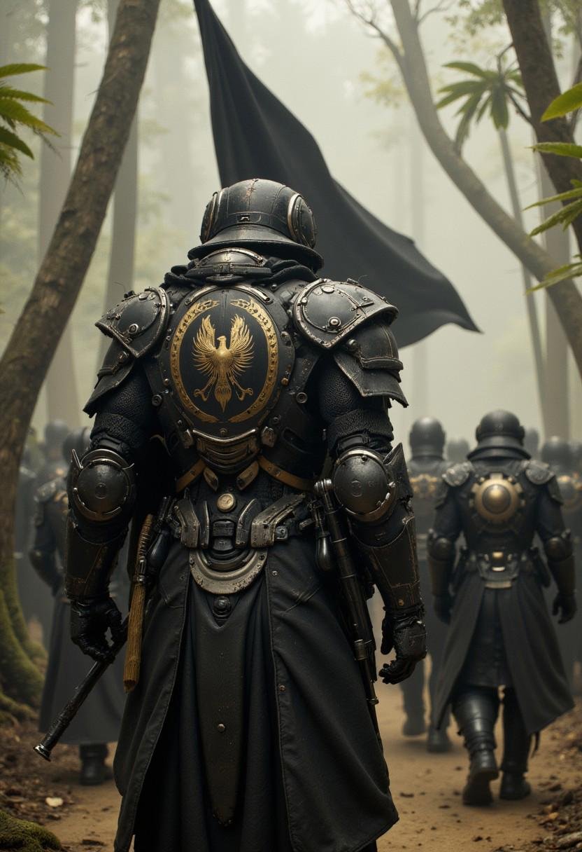 a dynamic actionscene of a  far future  imperial elitesoldier (cyberpunk2077, dune) wearing a blackenend tactical armor with silver details, with the a golden stylized symbol of the phoenix embracing a circle around it. behind him elitesoldiers follow him into battle, as they listen to the orders of their commander. the imperial black banner is hold by one of the soldiers and is waving in the wind. they walk through an alien forest where the light shines through, making lightpatterns on their armor, godrays come trough the canopy. it a very intruiging scene to look at, bladerunner-inspired. it's a detailed scene, with a bladerunner feel, cinematic in scope. extreme detailed textures and materials. volumetric lighting and volumetric fog. raytracing and pathtracing. 