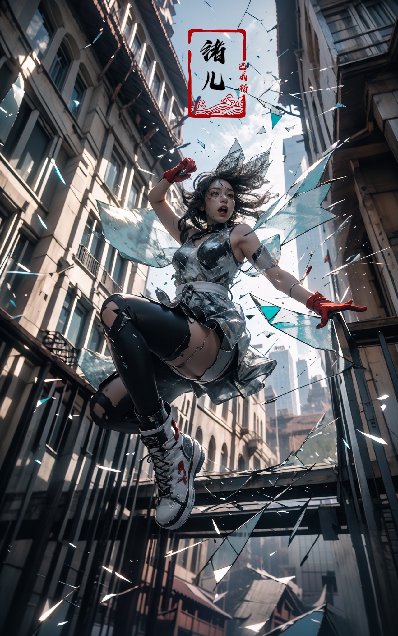 jumping，midair, (1girl, solo:1.2), open mouth, outdoors, building, (broken glass:1.3), shoes, (red gloves:1.3),Glow, reflective glass, light pollution，<lora:绪儿-跳跃构图 jumping:0.8>