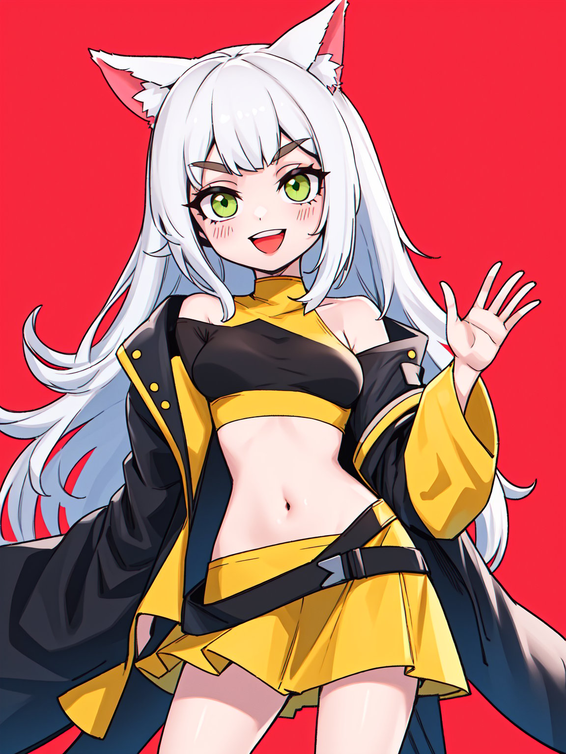 highres,detailed,best quality,masterpiece,illustration,wallpaper,1girl,solo,green eyes,smile,:d,long hair,white hair,animal ears,animal ear fluff,eyebrows visible through hair,medium breasts,navel,bare shoulders,yellow jacket,off shoulder,crop top,midriff,yellow skirt,hand up,waving,cropped legs,simple background,blue background,