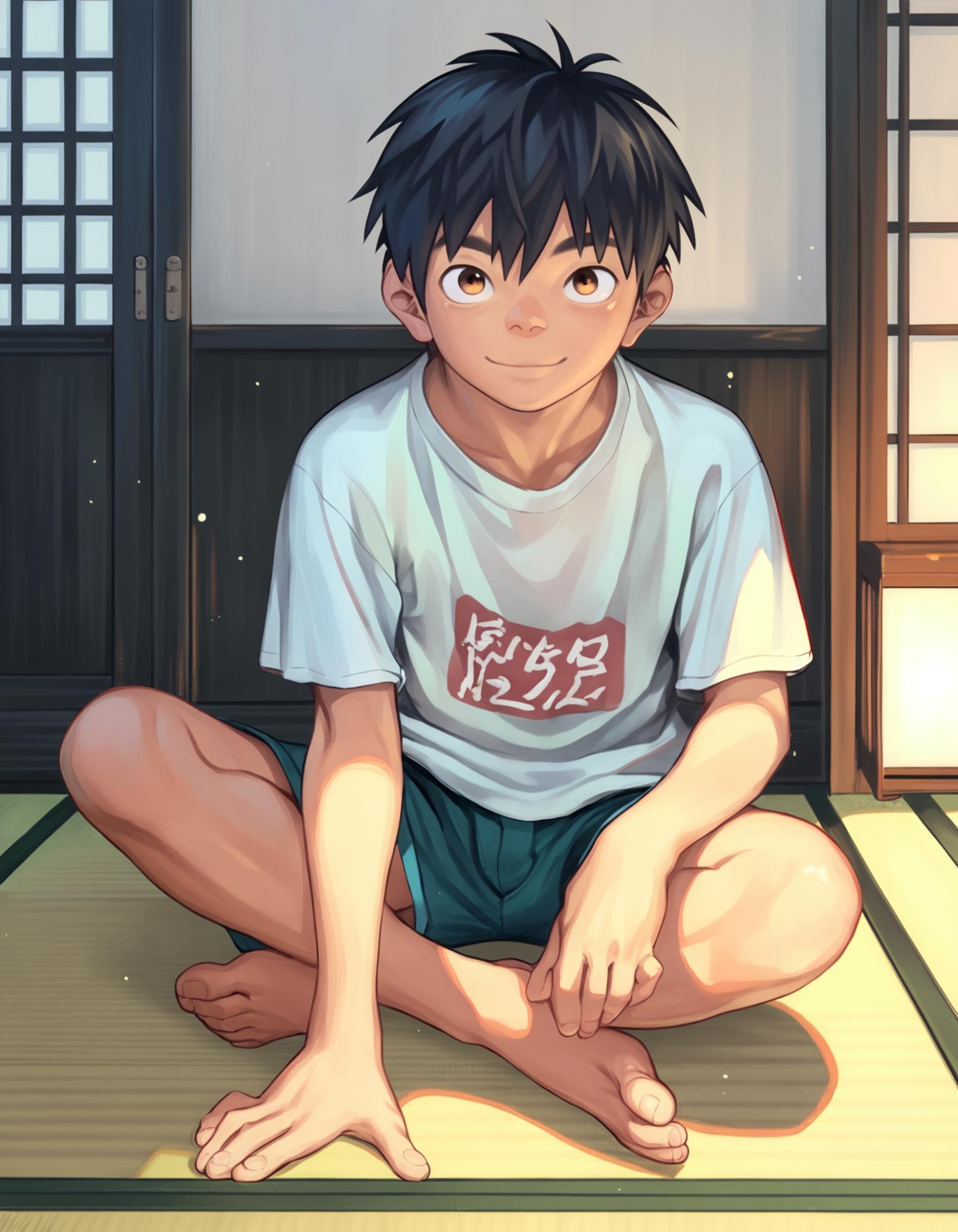 score_9, score_8_up, score_7_up, score_6_up, indoors, tatami, foreshortening, fisheye, 1boy, brown eyes, black hair, solo, looking at viewer, smile, t-shirt, shorts, sitting on floor, barefoot <lora:shounen_zoomXL_ot_v4d-AMXL_v2score:0.95>