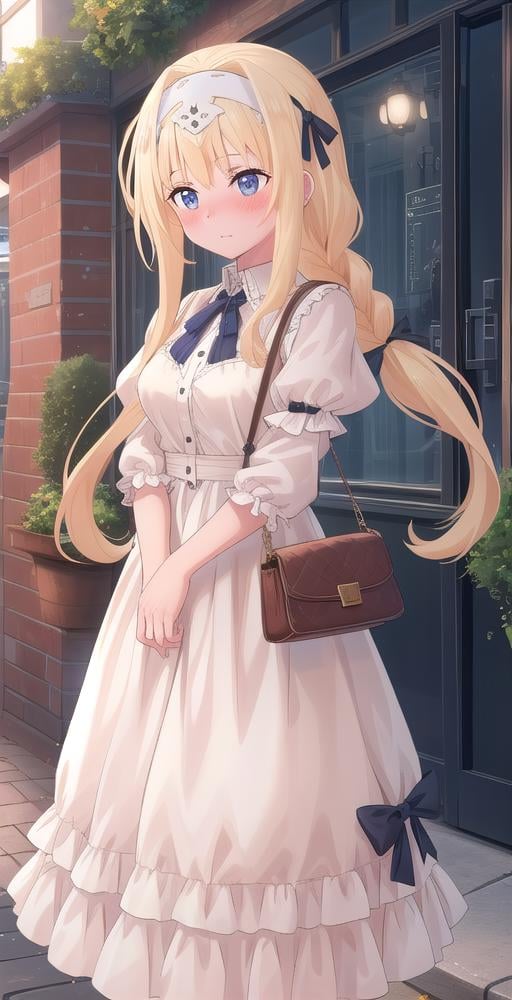 AZ, 1girl, solo, long locks, long frilly dress, blush, sidewalk, bow hairband, purse, shops, sunny, fine detail, perfect quality, good quality, masterpiece, HDR, UHD <lora:Alice Zuberg:0.8>