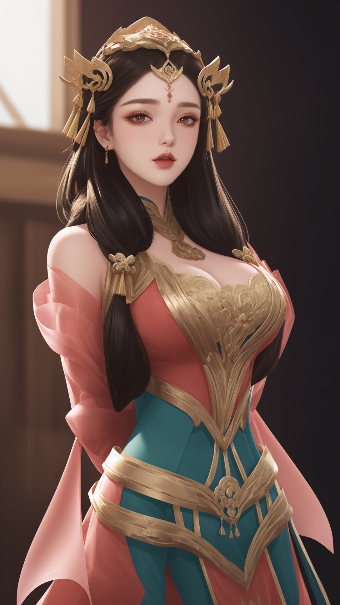 (1girl),smooth chin,masterpiece,detailed face,((hair ornament:1.2)),top quality,4k,make up,best quality,large breasts,(looking at viewer),red ribbon,dress,arms behind back,(wariza),shawl,detached sleeves,chinese building,forehead mark,golden hair ornament,<lora:王者 杨玉环 原皮_v1.1:0.7>,