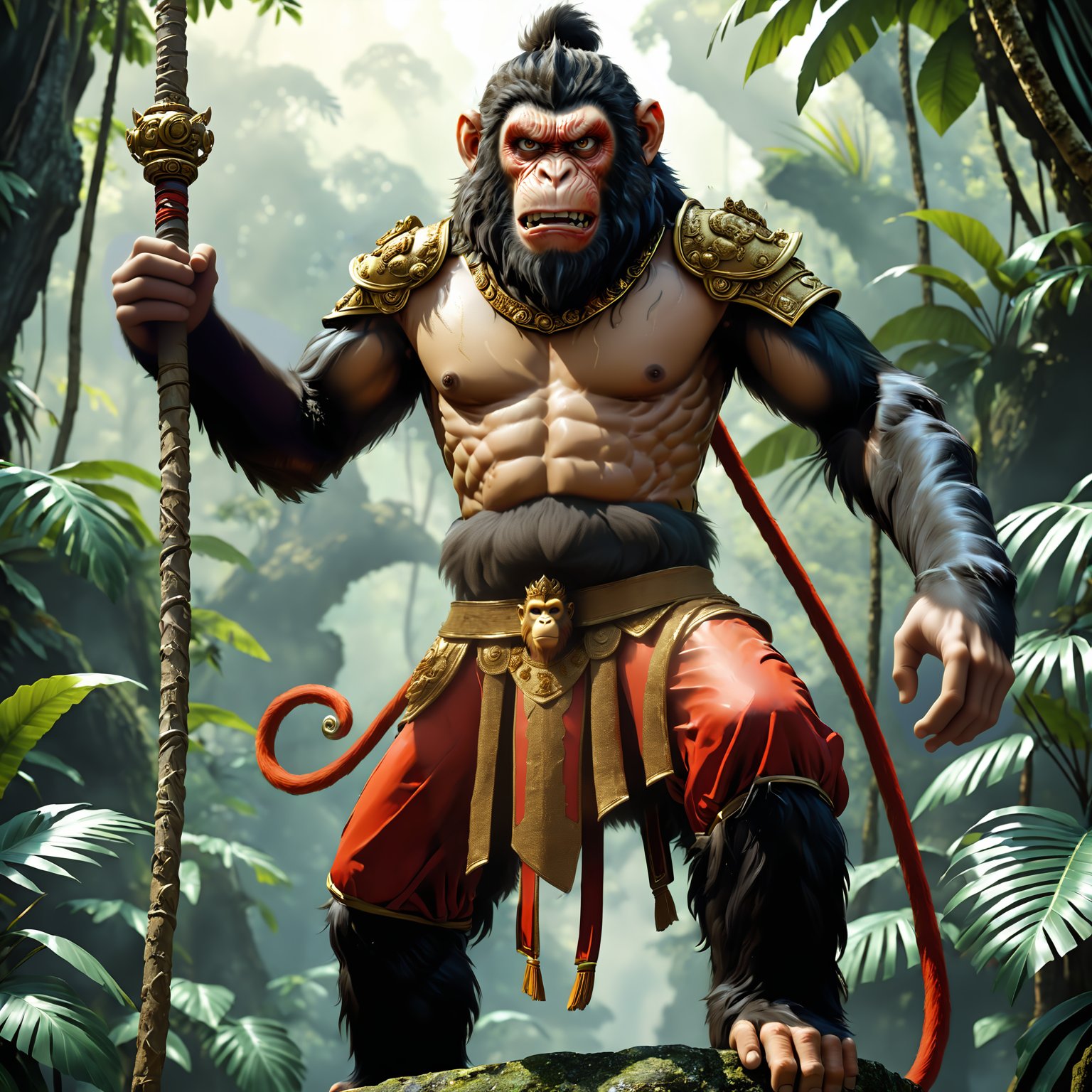 Hyperrealistic art nodf_xl, high quality, golden monkey king artifact, standing, jungle kingdom, dynamic pose, <lora:nodf_xl:1> . Extremely high-resolution details, photographic, realism pushed to extreme, fine texture, incredibly lifelike