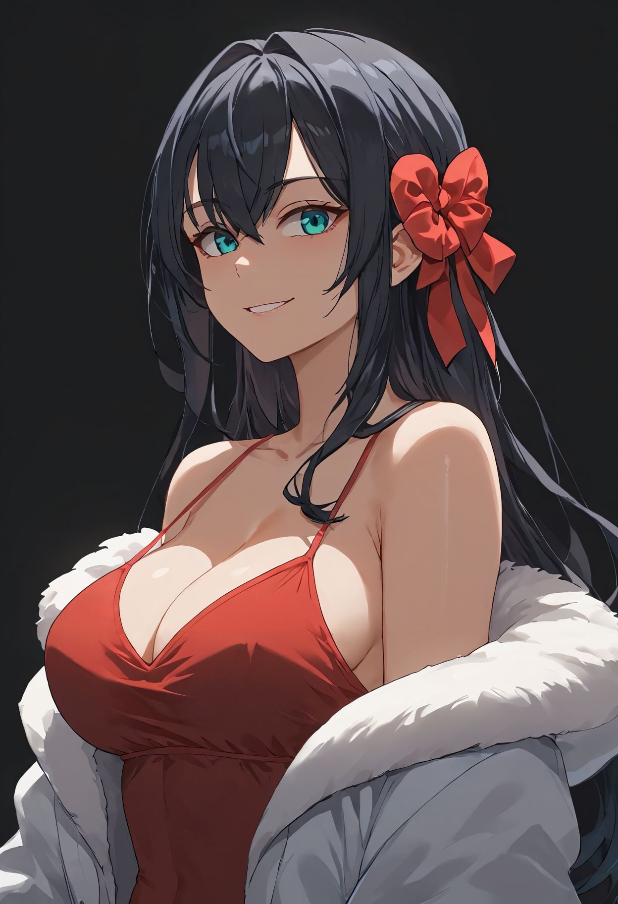 score_9, score_8_up, score_7_up, score_6_up,black hair, aqua eyes,1girl, solo, breasts, cleavage, black hair, heart, bangs, large breasts, jacket, upper body, looking at viewer, multicolored hair, collarbone, simple background, hair intakes, long hair, smile, evening gown, red dress, black background,highlights,backlighting, spaghetti strap, off shoulder, bare shoulders,