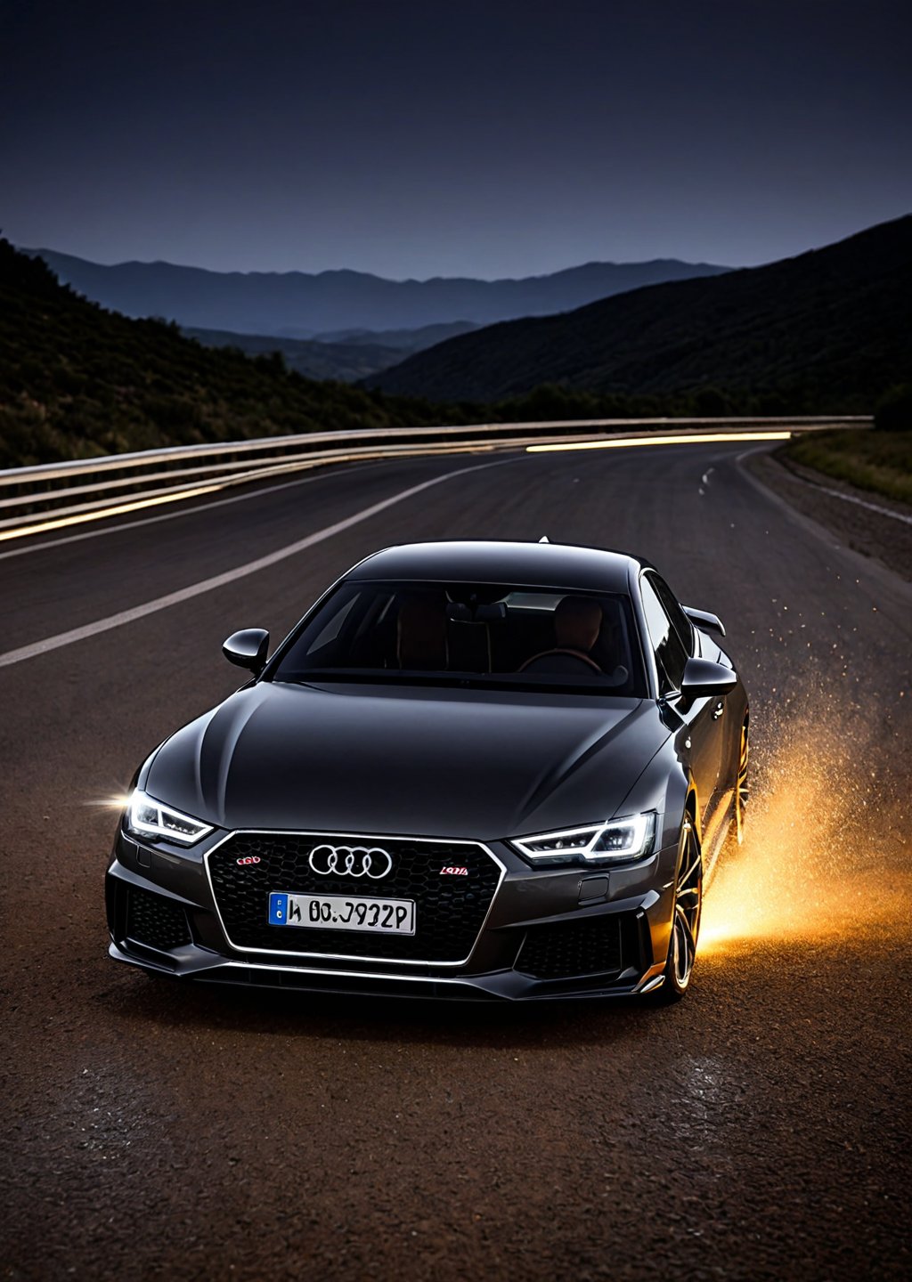 Light painting,Bullet Time,dark gray Audi RS's decisive moment of overtaking on a nighttime bend,splashing small particles of gravel,car light stripes,high speed,motion blur,dynamic motion and energy,original and unpolished style,super realistic,masterpiece,original photos,32k,hd,