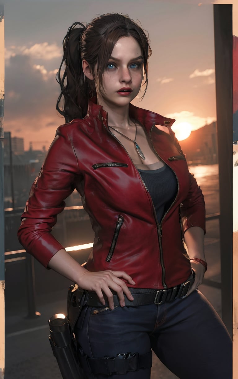 (masterpiece, best quality:1.4), insaneres, absurdres, solo, looking at viewer,BREAK GAME_ResidentEvil2Remake_ClaireRedfield_ownwaifu,  lips, brown hair, blue eyes, ponytail, breasts, long hair, large breasts, nose, red lips, makeup, dog tags, lipstick, jacket, jewelry, necklace, red jacket, pants, belt, denim, jeans, holster, bracelet, zipper, pendant, cleavage, collarbone, thigh holster, long sleeves, silk, leather jacket, (contrapposto, hand on hip), sunset, sidelighting, outdoors, <lora:GAME_ResidentEvil2Remake_ClaireRedfield_ownwaifu:1> , depth of field 