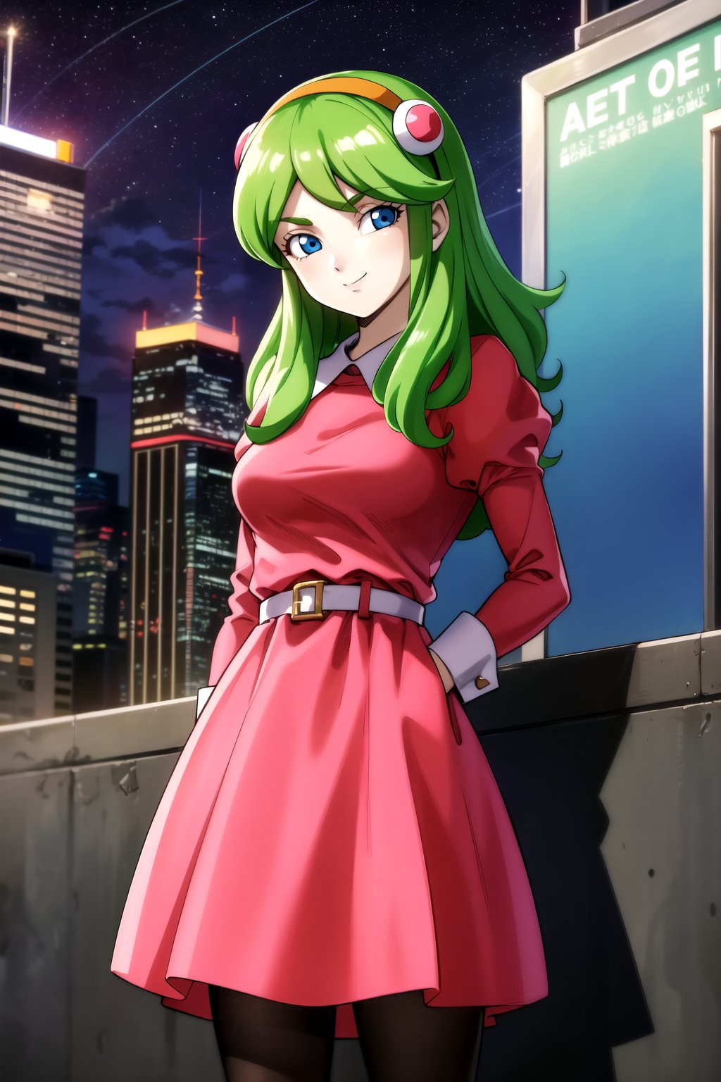 masterpiece, detailed face, 1girl, Brianne_de_Chateau, solo, long hair, looking at viewer, smile, bangs, blue eyes, hairband, green hair, dress, closed mouth, standing, pantyhose, outdoors, sky, puffy sleeves, belt, black pantyhose, night, juliet sleeves, building, star \(sky\), pink dress, night sky, starry sky, city, retro artstyle, cityscape, skyscraper<lora:Brianne de Chateau v2-000007:0.7>