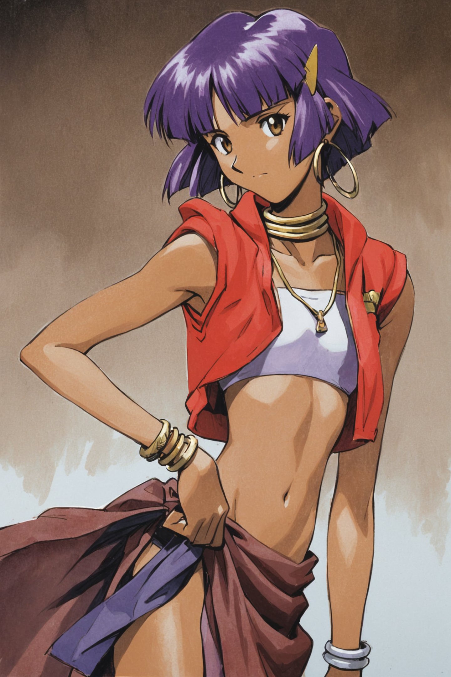 nadia la arwall,1girl,jewelry,solo,neck ring,short hair,earrings,vest,tube top,purple hair,dark-skinned female,dark skin,hair ornament,bandeau,midriff,necklace,bracelet,strapless,hairclip,navel,hoop earrings,loincloth,closed mouth,red vest,bob cut,traditional media,<lora:Sadamoto Yoshiyuki_XL_V3:0.8>,