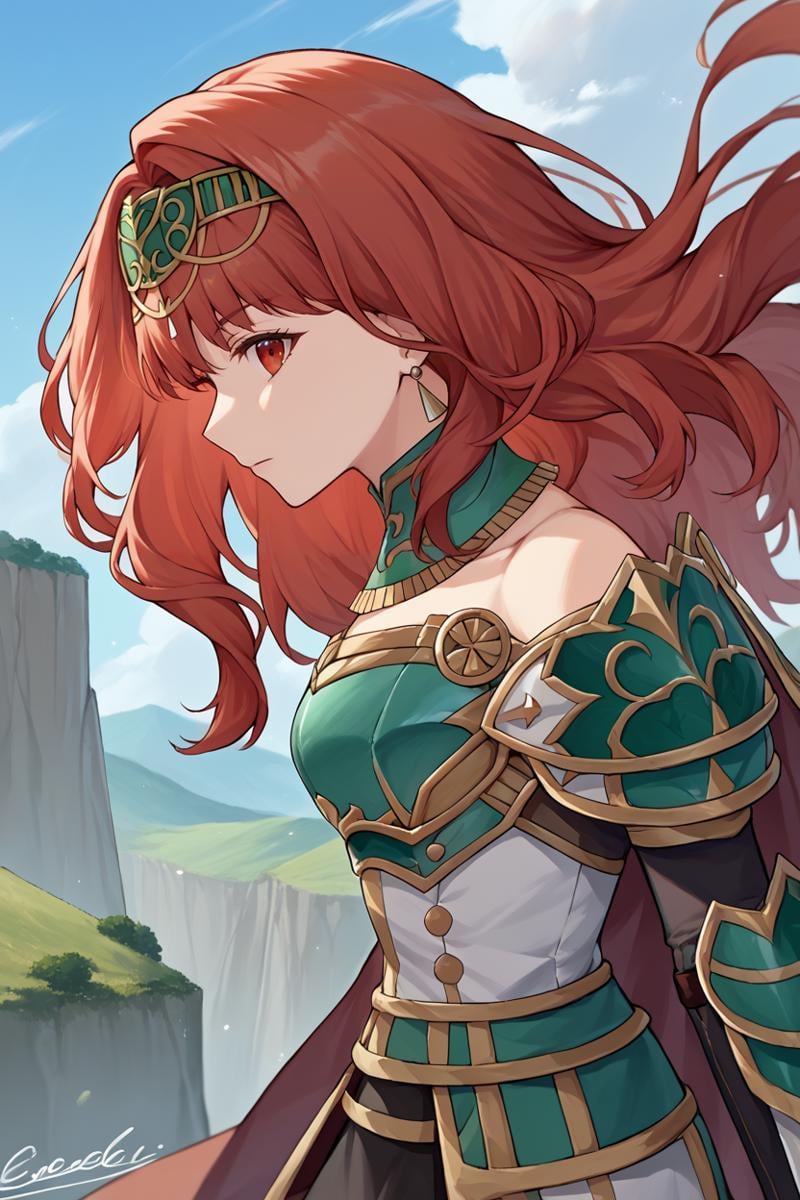 score_9, score_8_up, score_7_up, score_6_up, source_anime, BREAK 1girl, solo, <lora:fecelica-pdxl-nvwls-v1-000005:1> ascCeli, red hair, red eyes, tiara, earrings, cape, green collar, detached collar, green armor, black skirt, fingerless gloves, elbow gloves, black thighhighs, armored boots, profile, looking at you, hair blowing in the wind, cliff, wide shot