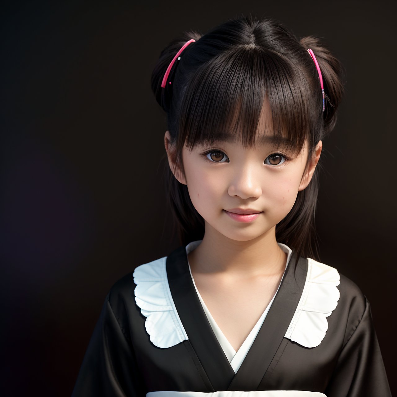 best quality, extra resolution, close up portrait of cute (AIDA_LoRA_rei2009:1.09) <lora:AIDA_LoRA_rei2009:0.73> as little asian girl, pretty face, naughty, funny, happy, playful, intimate, flirting with camera, wearing kimono, kimono dress, Japanese national dress, cinematic, studio photo, kkw-ph1, (colorful:1.1), (black background:1.5)