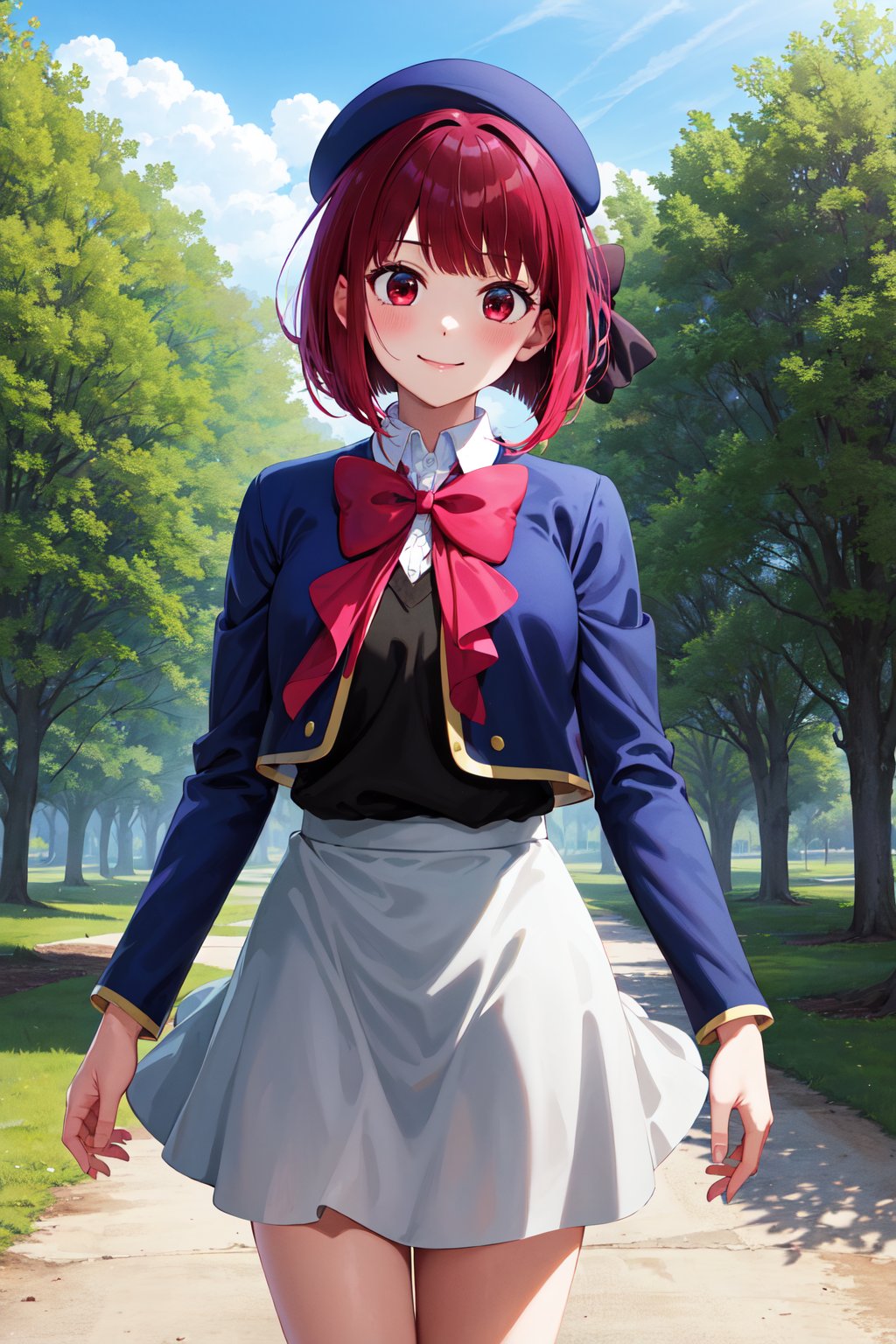 masterpiece, best quality, highres, aakana, aakana, short hair, beret, red eyes, blue headwear, red bowtie, collared shirt, blue jacket, open jacket, long sleeves, grey skirt, <lora:arima_kana_v1:0.7>, standing, cowboy shot, smile, outdoors