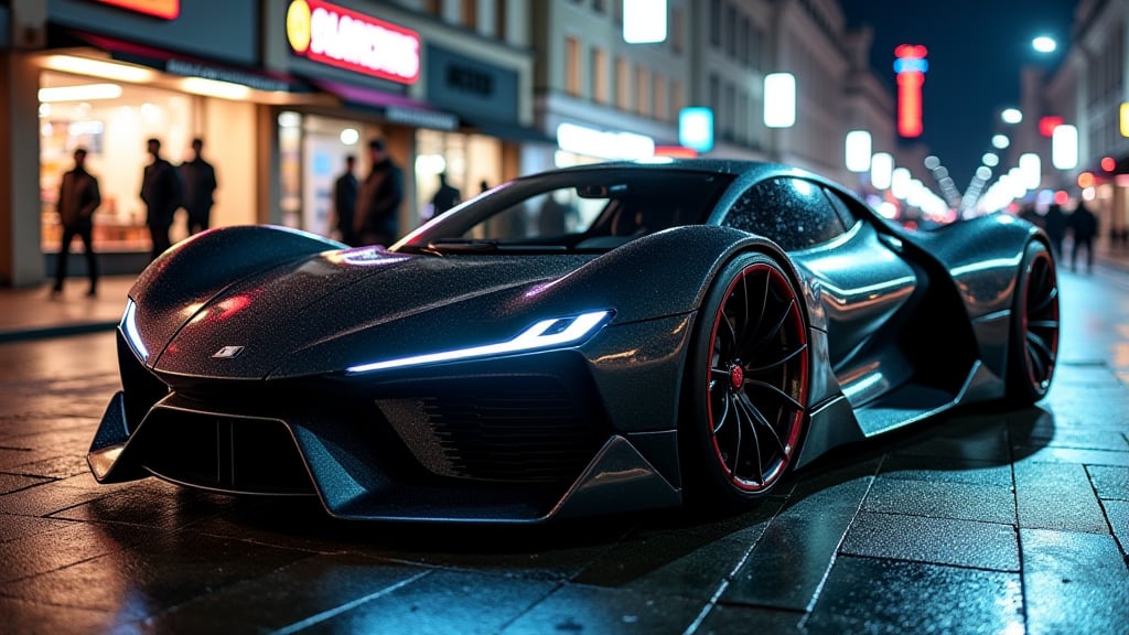 sharp photo of a futuristic sports car parked on a busy street at night giving it a shiny and reflective appearance. It has a sleek and aerodynamic design with a low profile and sharp angles, creating a layered effect. The wheels are black with red rims and have a unique design. The street is lined with buildings and shops, and there are people walking on the sidewalk. The sky is dark and the overall mood of the image is dramatic and futuristic.