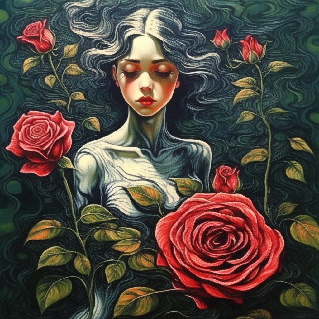 linquivera girl and rose in garden, surrealistic <lora:linquivera:1>