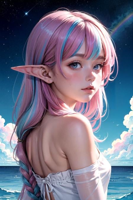 (masterpiece, top quality, best quality,watercolor (medium),official art, beautiful and aesthetic:1.2),(1girl:1.3), (fractal art:1.3),upper body, from side, looking at viewer,patterns,(rainbow color Hair,colorful hair,half blue and half pink hair:1.2),(elf ears:1.2),water,liquid, cloud,colorful, starry,stars,