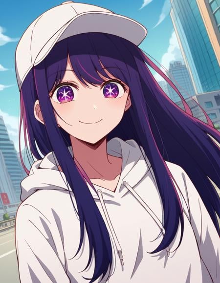 score_9, score_8_up, score_7_up, source_anime,aihoshino, <lora:ai-hoshino-s1-ponyxl-lora-nochekaiser:1>,ai hoshino, long hair, bangs, purple eyes, purple hair, symbol-shaped pupils,hood, hoodie, hood down, long sleeves, white hoodie, hat, baseball cap,cityscape, street, smile,looking at viewer, cowboy shot, dutch angle, solo,