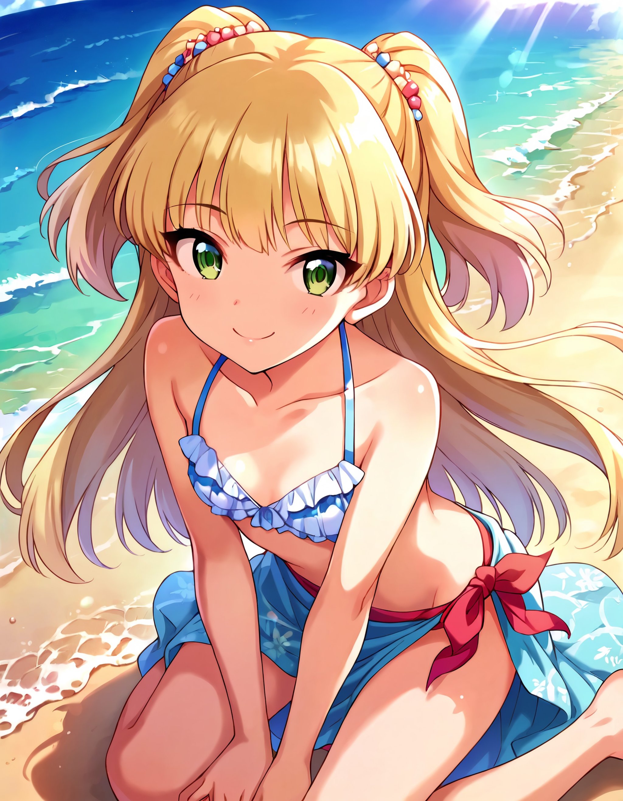 score_9, score_8_up, score_7_up, source_anime,pinup of 1girl, solo, photo session, joyful, smile, kneeling, beach, dolphin, ocean, day, blue sky, sunlight, looking at viewer, from above, <lora:JogasakiRika_pony_v1:0.8>jgskrk, petite, long hair, blonde hair, two side up, bangs, hair ornament, green eyes,  small breasts, glossy bikini, frilled bikini,  lace sarong, 