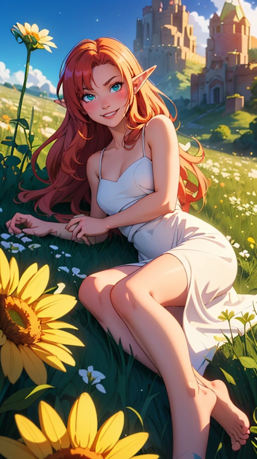 masterpiece, best quality, elf adventurer lying down in a field of white flowers, foliage dress, barefoot, looking at viewer, smug, smirk, blushing, (ultra-detailed body), dutch angle, cinematic, volumetric lighting, sunbeam, soft lighting, mystical, magical, rim lighting, fantasy, sparkle, glittering