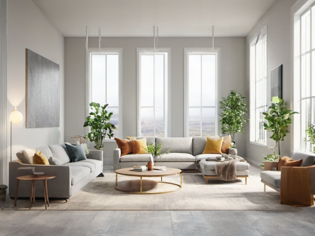 XCYP HOME,Detailed isometric living room, octane render, Ikea fused with Ethan Allen-style furniture  and  decor, abstract wall hangings, smart-home tech, ceiling-to-floor windows, cinematic composition, octane render, hdri, 8k high quality, wide shot