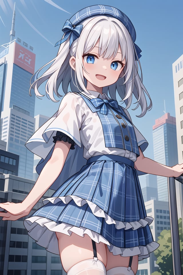 (cleavage:-1.5), insanely detailed, absurdres, ultra-highres, ultra-detailed, best quality,1girl, solo, nice hands, perfect hands,BREAK(gothic drress, Idol costume:1.3), (blue and white theme:1.2), (white blouse:1.4), (white collar, tie:1.3), (open short-cape:1.3), (short sleeve:1.2), (blue tartan-check pattern (ruffle-skirt, multilayer-skirt):1.4), (white basque-beret with ribbon:1.3), (Fishnet stockings:1.3), (glove:1.2), (cleavage:-1.5)BREAKhappy smile, laugh, open mouth,standing,own hands together,cowboy shot,BREAKslender, kawaii, perfect symmetrical face, ultra cute girl, ultra cute face, ultra detailed eyes, ultra detailed hair, ultra cute, ultra beautiful,BREAKcityscape in tokyo, ultra detailed background, blue sky, bay side, panorama view,medium breasts, white hair, blue eyes