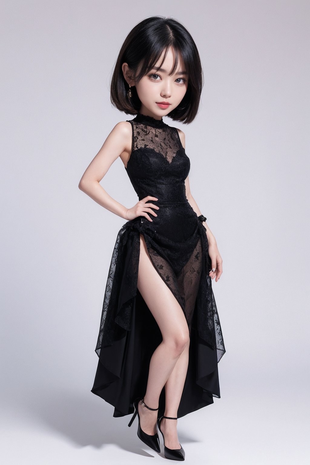 <lora:LoraAgainMixChibi_v1:1>,1woman,mature,dress,chibi,full body,black hair,high heel shoes,white background,