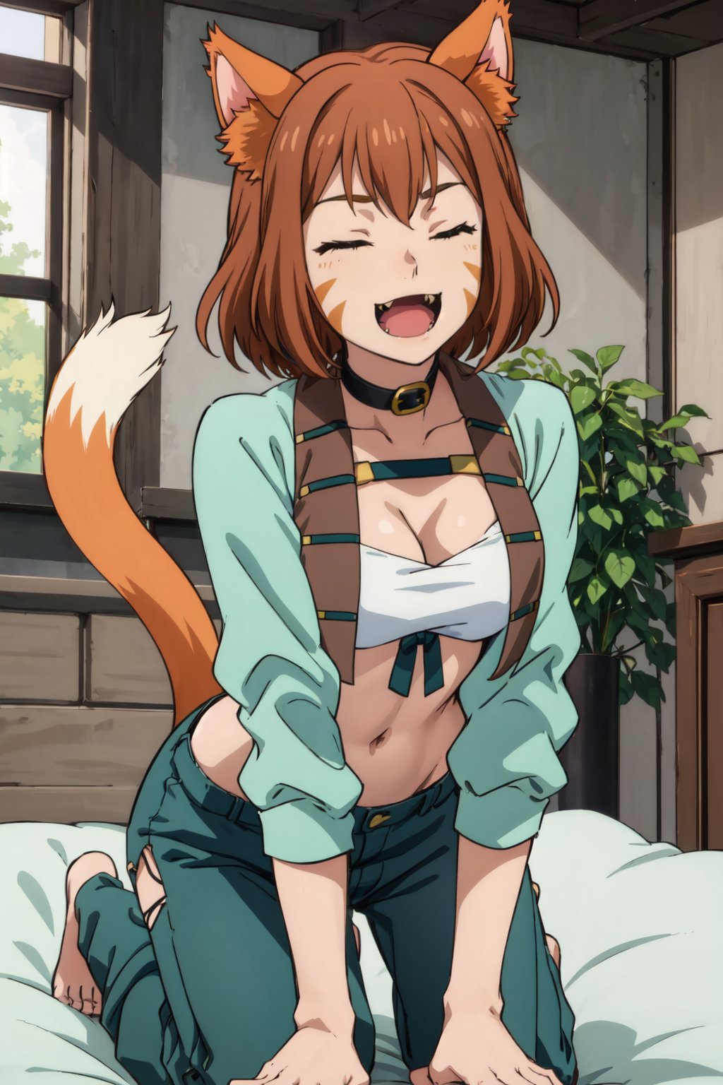 masterpiece, best quality, <lora:miyacatt-nvwls-v1-000010:0.9> 1girl, solo, miya, cat ears, whisker markings, collar, white bandeau, midriff, cleavage, cropped jacket, green pants, bed, all fours, paw pose, closed eyes, :D, fangs