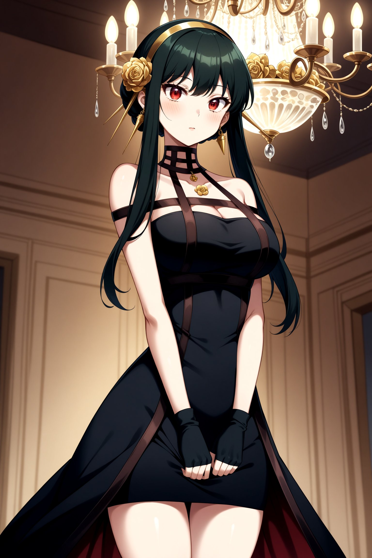 (masterpiece, best quality, very aesthetic, ultra detailed), intricate details, 4k, anime style, aayorf, short hair with long locks, gold hairband, hair ornament, red eyes, gold earring, breasts, choker, bare shoulders, black dress, two-sided dress, fingerless gloves, black gloves, thigh boots, <lora:yor_forger_XL_v1:0.9>, cowboy shot, standing, indoors, chandelier, v arms,
