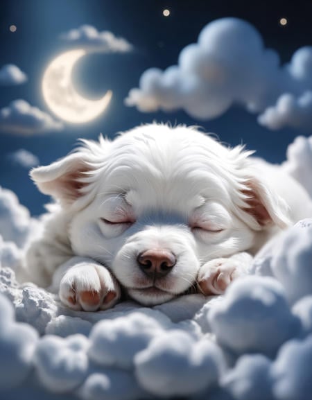 A white pup is sleeping on the clouds. There's a moon in the night sky and no stars Removed From Image ugly, deformed, noisy, blurry, distorted, out of focus, bad anatomy, extra limbs, poorly drawn face, poorly drawn hands, missing fingers