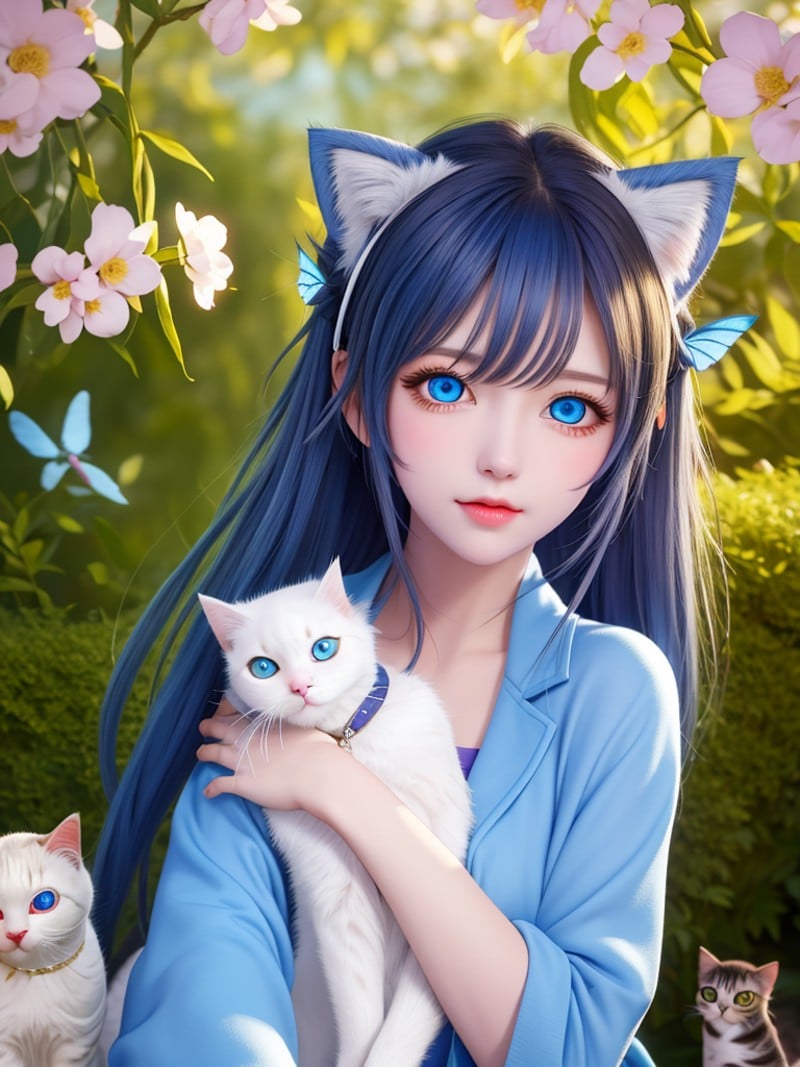 original, (masterpiece), (illustration), (extremely fine and beautiful), perfect detailed, photorealistic, (beautiful and clear background:1.25), (depth of field:0.7), (1 cute girl with (cat ear and cat tail:1.2) stands in the garden:1.1), (cute:1.35), (detailed beautiful eyes:1.3), (beautiful face:1.3), casual, silver hair, silver ear, (blue hair:0.8), (blue ear:0.8), long hair, coat, short skirt, hair blowing with the wind, (blue eye:1.2), flowers, (little girl:0.65), butterflys flying around