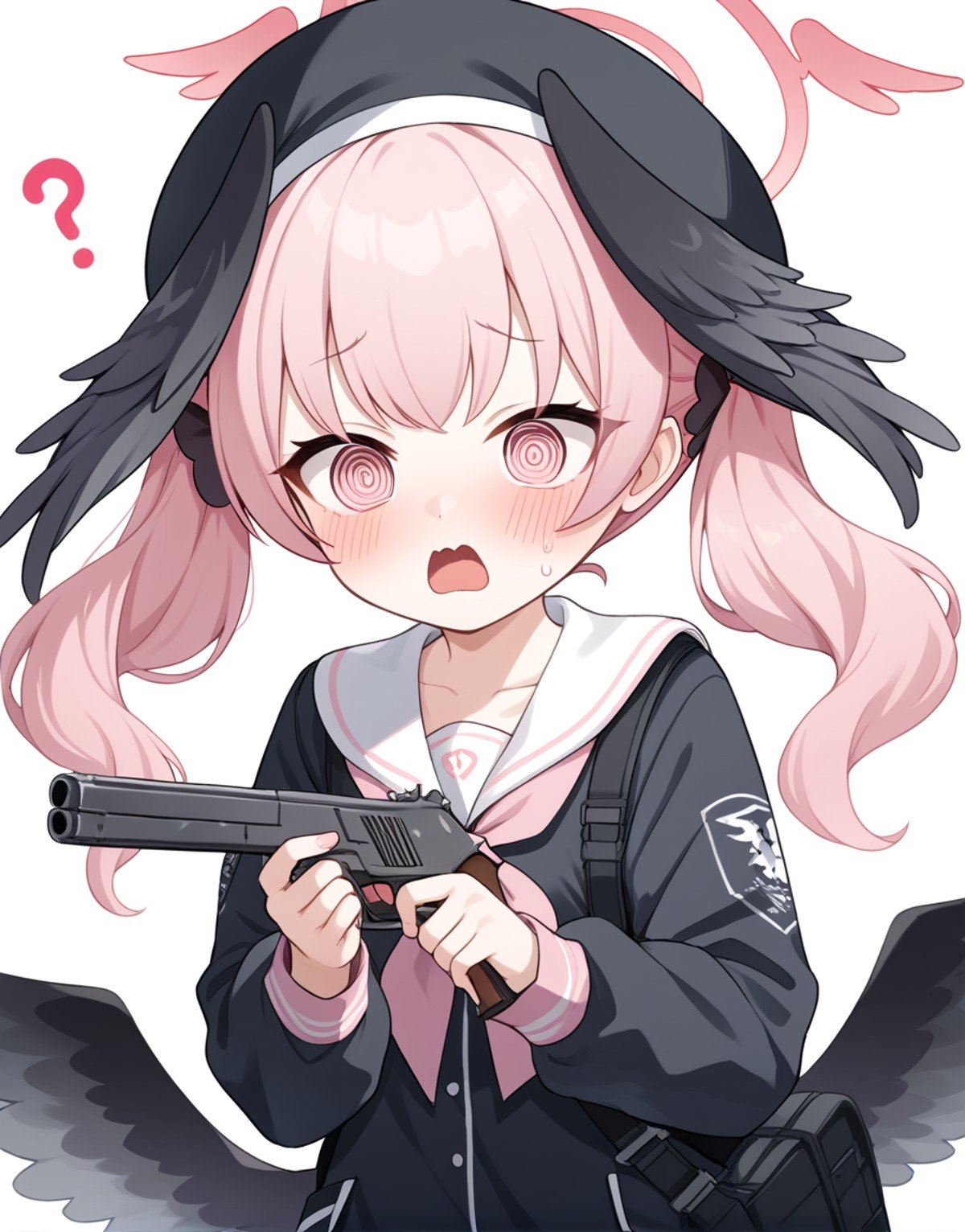 1girl, koharu \(blue archive\), twintails, shirt, score_9, black wings, blush, pink eyes, head wings, pink hair, wings, hat, black headwear, @ @, open mouth, mouth, holding weapon, handgun,