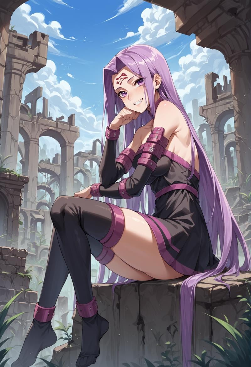 1girl, purple hair, absurdly long hair, forehead mark, purple eyes, animal collar, short dress, skirt, detached sleeves, arm belt, bracelet, thighhighs, sitting, from side, looking at viewer, smile, teeth, outdoors, ruins  <lora:Meduseless:1>, score_9, score_8_up, score_7_up, score_6_up, score_5_up, score_4_up, (m-da s-tarou:0), masterpiece