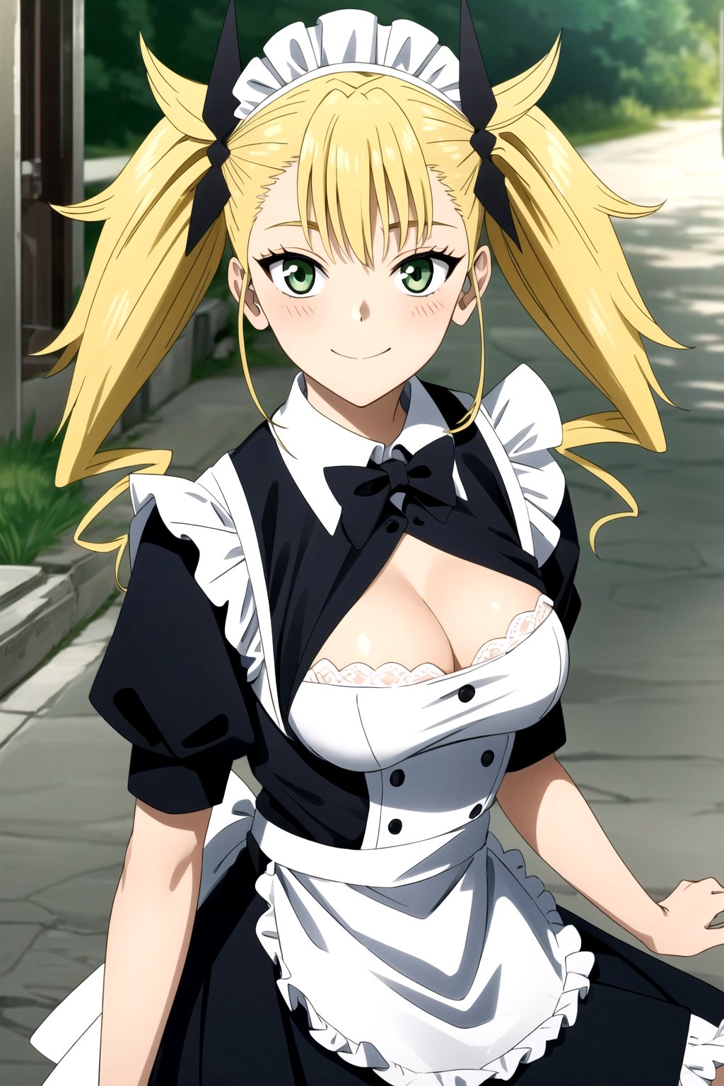 (masterpiece, best quality, highres, dynamic lighting), <lora:add_detail:0.4>, looking at viewer, blush, closed mouth, happy, large breasts, looking at viewer, outdoors, <lora:kikoru:0.7>, school uniform, twintails, kikoru, maid, maid headdress