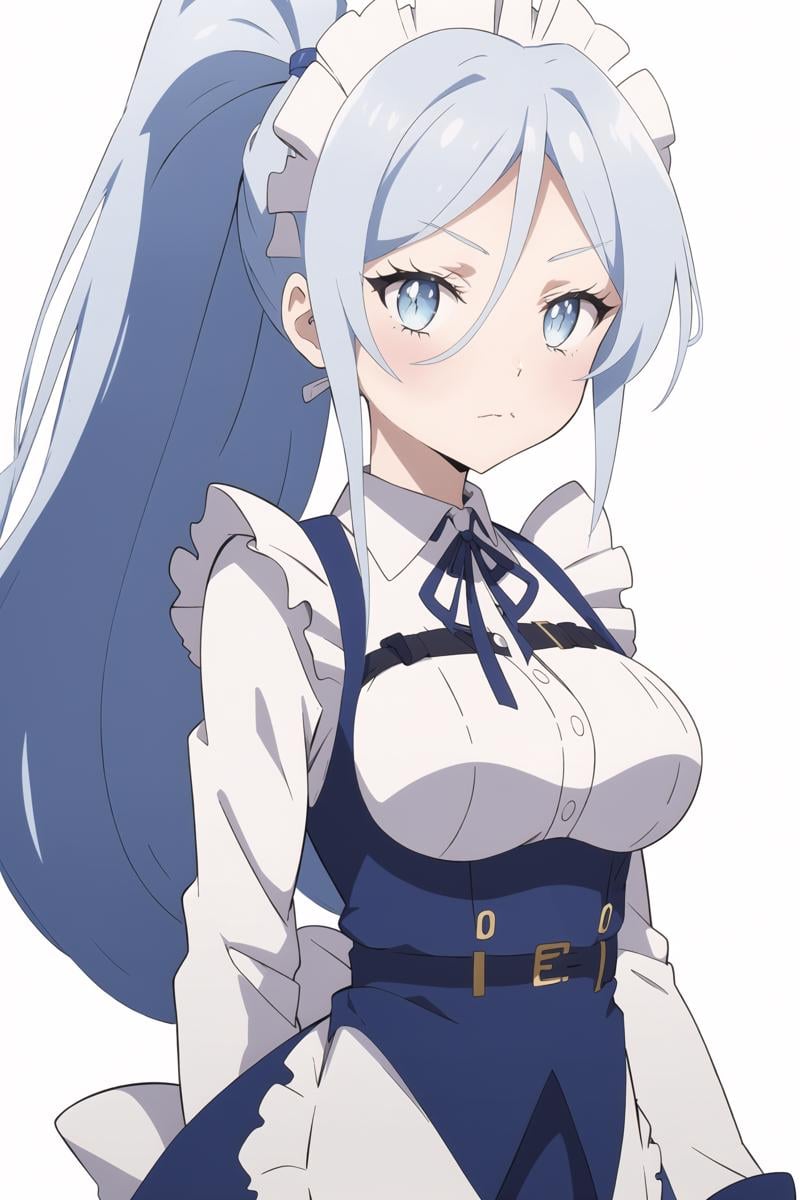 Sylpha, 1girl, solo, breasts, blue eyes, light blue hair, hair between eyes, (simple background, white background:1.2), standing, maid headdress, maid, <lora:Sylpha - Dainanaoji R4:0.8>