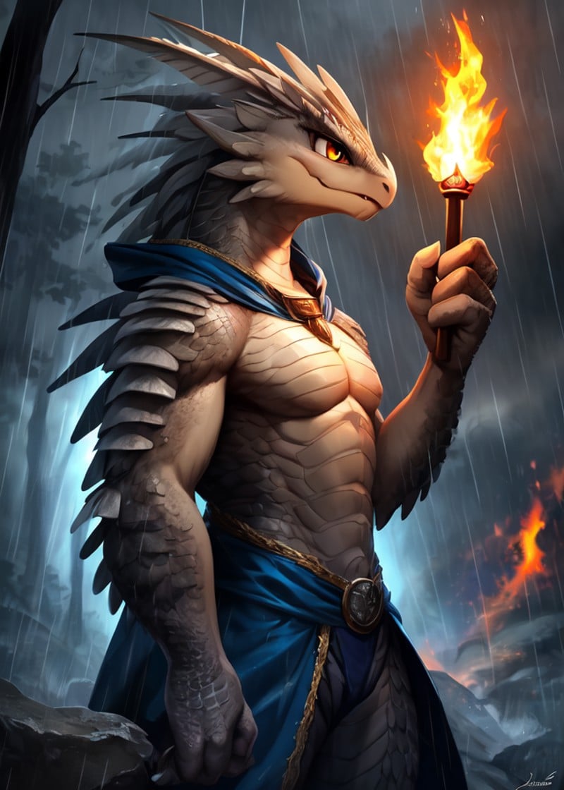 [by Fireflufferz, by Jorge Jacinto, by Cory Loftis::0.85],solo (((kushala daora))) (blue cloak, scales),(standing, three-quarter view, three-quarter portrait:1.2),BREAK,(forest, rain, storm:1.25), (cloudy day, smoke, fire, torch),masterpiece, best quality, 4k, 2k, (intricate:0.9), (high detail, realistic:1.25), absurd res