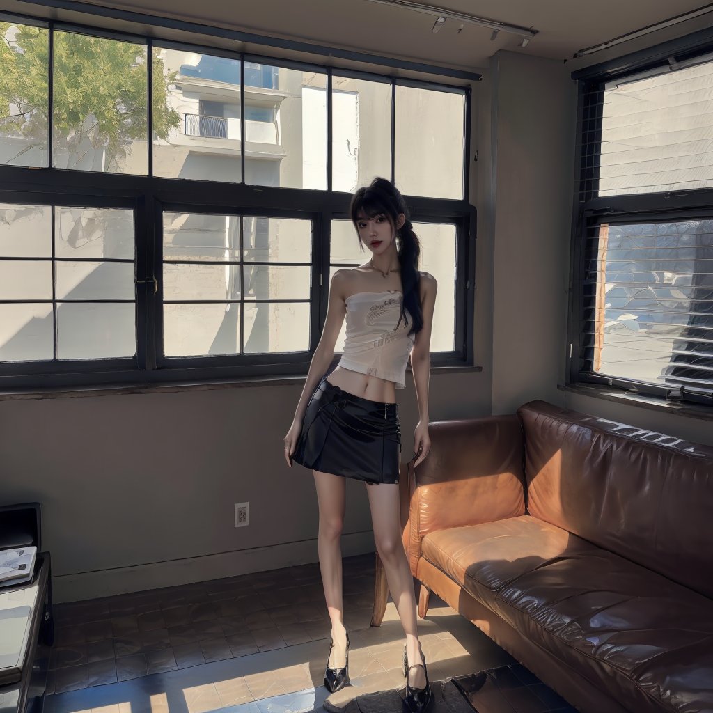 1girl,shiny_skin,black hair,high ponytail,bare shoulders,chest,navel,long legs,taut_shirt,lace-trimmed_skirt,standing,living room,sunlight,window,<lora:kuku（0.86）:0.8>,