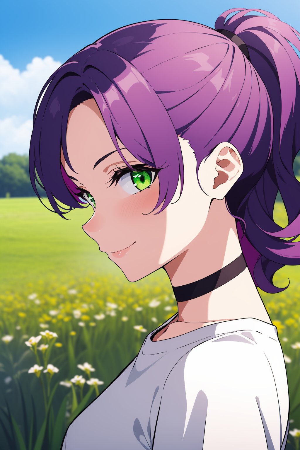 1girl, solo,medium hair, wavy hair, purple hair, green eyes, ponytail, medium breasts, white t-shirt, choker, light smile,portrait, field, from side, looking at viewer, wind, masterpiece, best quality,