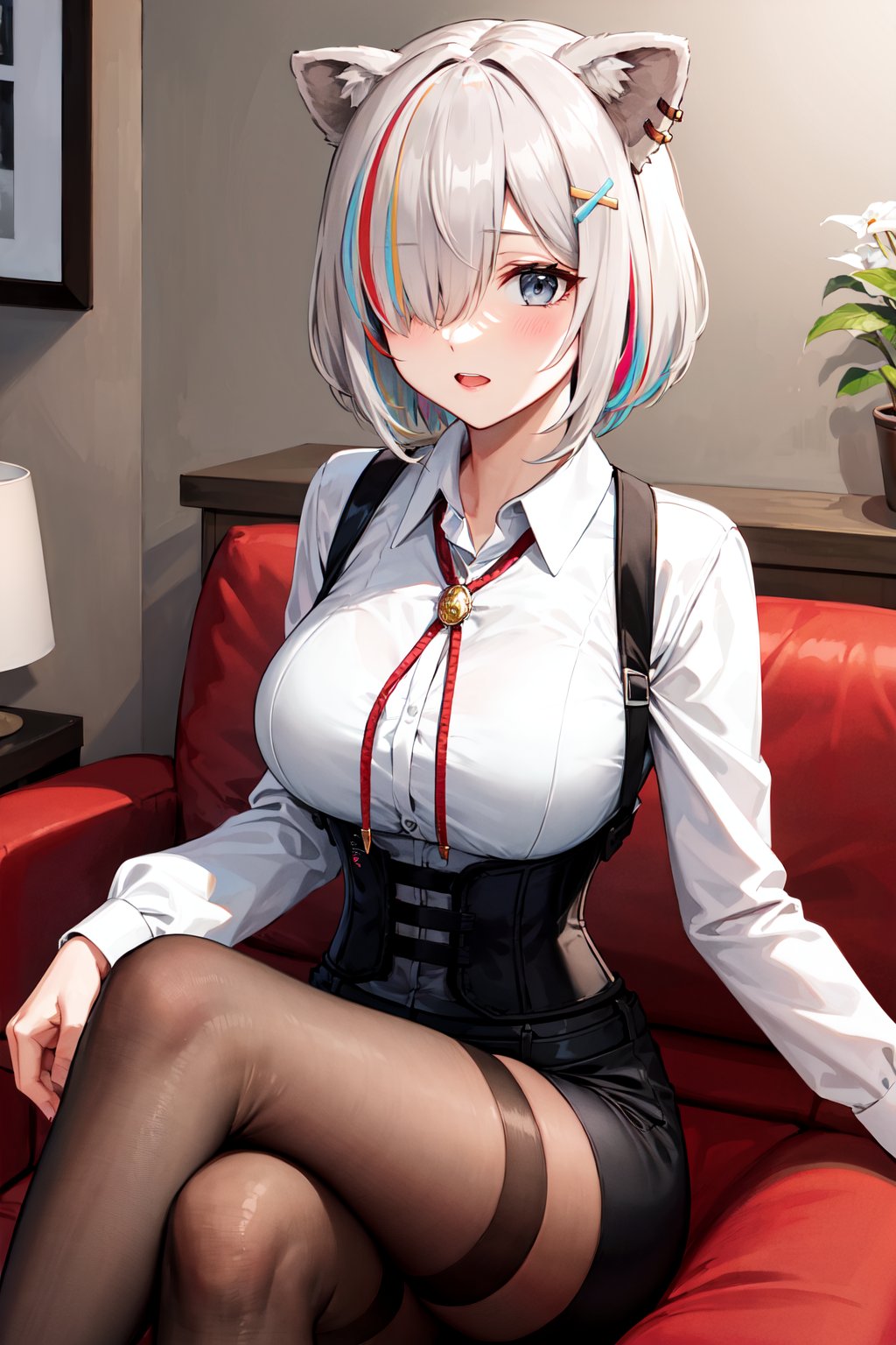 masterpiece, best quality, highres, ccbotan, short hair, multicolored hair, streaked hair, animal ears, hairclip, hair over one eye, ear piercing, large breasts, bolo tie, collared shirt, white shirt, long sleeves, harness, (underbust:1.2), black shorts, black pantyhose, <lora:shishiro_botan_v1:0.7>, sofa, sitting, living room, crossed legs, 