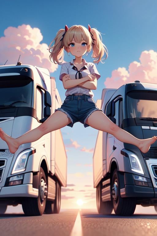 (((masterpiece))), (((best quality))), (((barefoot))), (((epic split))), ((crossed arms)), ((spread legs)), ((outstretched legs)), sky, wind, flare, sunrise, volvo, (truck:0.9), desert road, center line, distant sierra, vanishing point, closed mouth, collar shirt, shorts, solo, 1girl, blonde hair, twintails, ribbon, sweat, cleavage, big tits, shy, blush, slim figure,<lora:girllikeepicsplit:0.8>