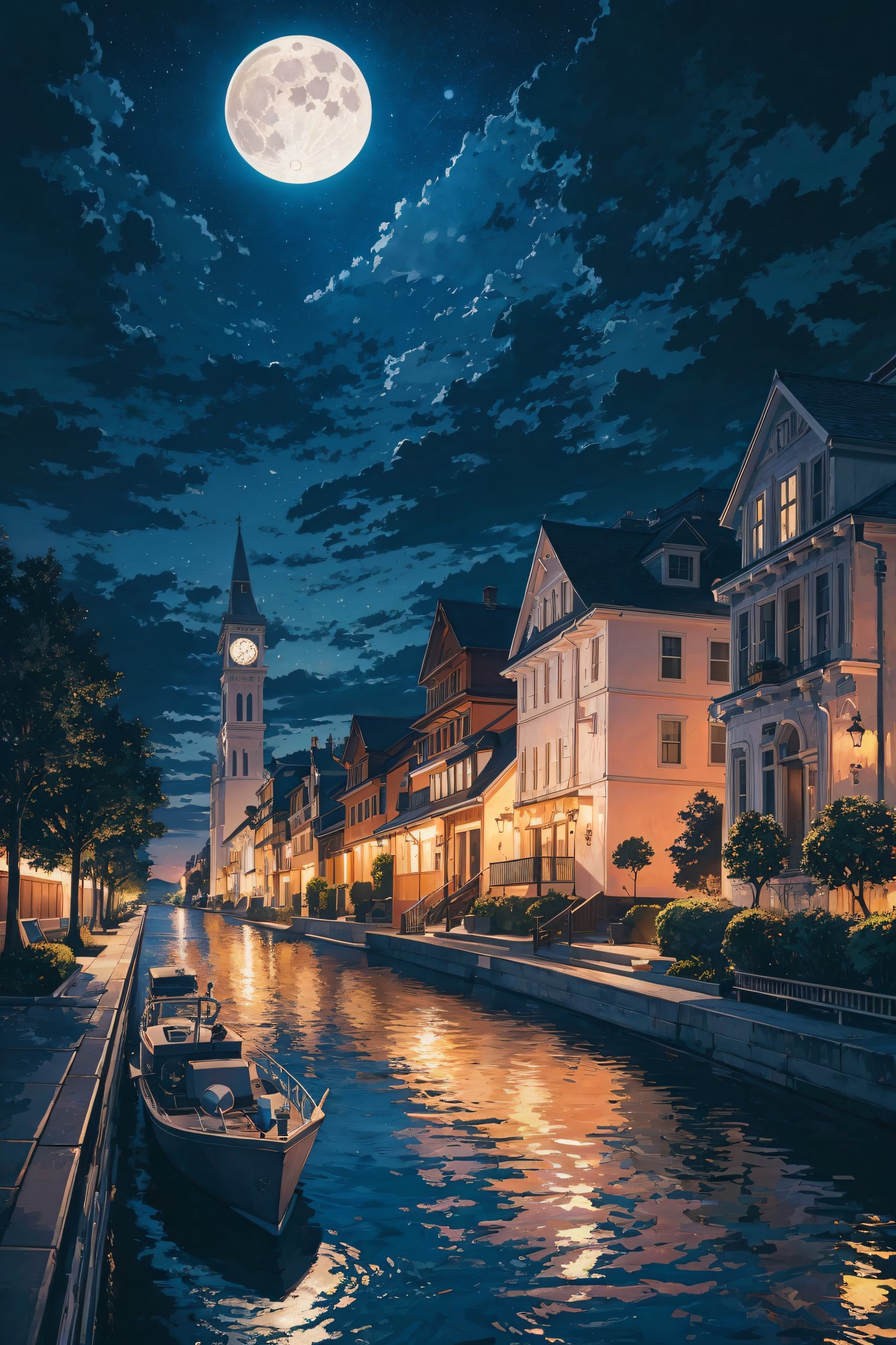 (masterpiece, best quality:1), detailed lighting, octans, no humans, moon, sky, night, full moon, cloud, whale, inverted reflection in water, outdoors, scenery, night sky, water, watercraft, cloudy sky, building, (skeleton), animal.