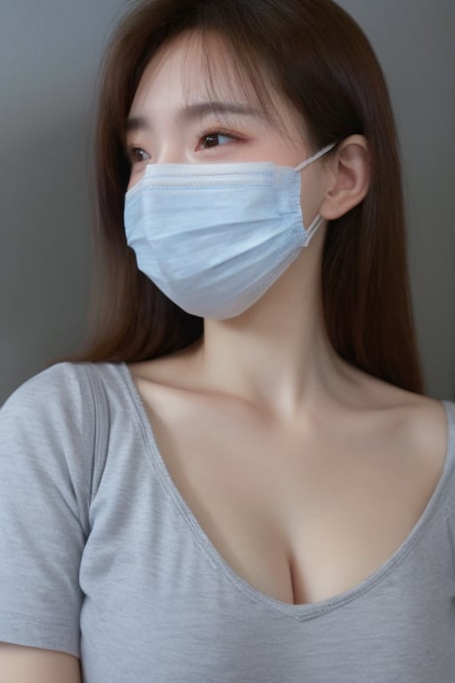 1girl,large breasts,collarbone,covered_mouth,gag,gagged,improvised_gag,long_hair,mask,large breasts,mouth_mask,realistic,shirt,solo,surgical_mask,tape,tape_gag,Sling, <lora:口罩少女肖像写真:0.9>