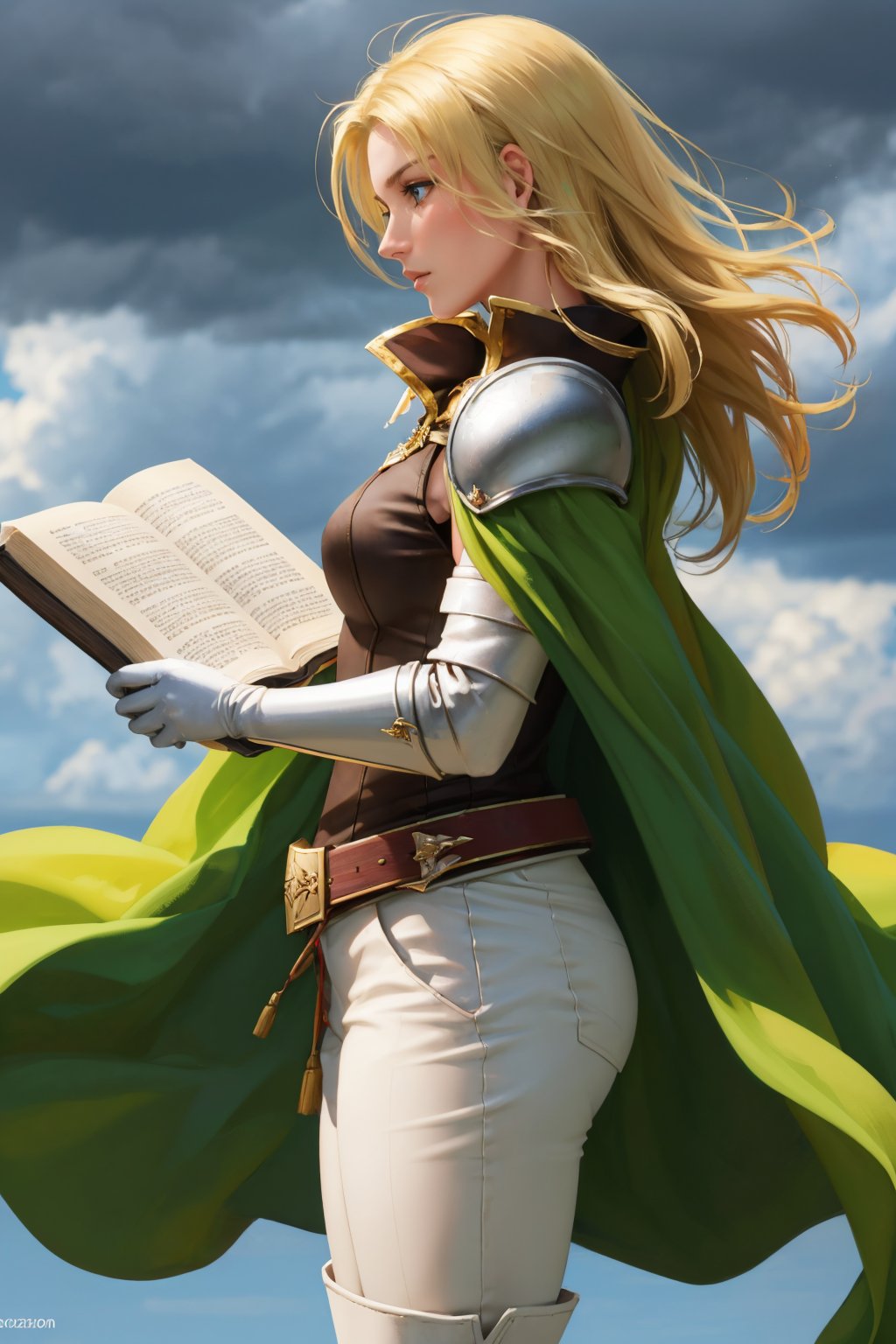 masterpiece, best quality, feSelena, brown tunic, green cape, white elbow gloves, shoulder armor, belt, white pants, brown boots, standing, from side, holding book, dark clouds, thunder, lightning <lyco:selena-nvwls-v2-000008:0.9>