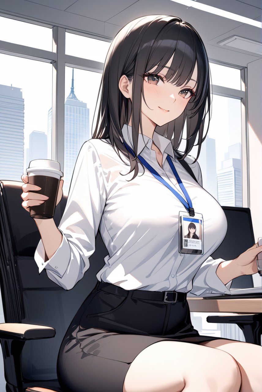 1lady sitting, holding a coffee cup, office worker outfit, (id card), lanyard, mature female, (black hair), bangs, light smile, (masterpiece best quality:1.2), delicate illustration ultra-detailed, (modern office indoors), window skyscraper