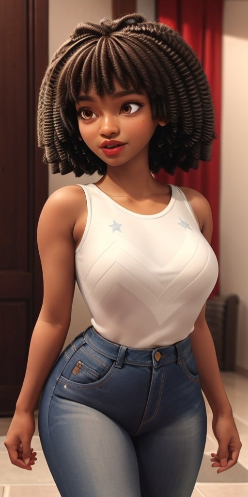 Hyperrealistic, photorealistic, super detailed, jeans, T-shirt, brown hair done in dreadlocks, expressive brown eyes, fifteen years old, body like in real life, large pores, (slender), dark-skin, beautiful arms, very little breasts, thin legs, unreal engine, octane render, droped shadow, bokeh, cinematic lighting, <lora:add_detail:0.5>, <lora:Volumetric_lighting:0.6>, Brown hair done in dreadlocks, Brown eyes, Dark-skinned, Aeon, , <lora:fa9a7bed-1e27-409e-864e-c3eea78a0602:0.7>