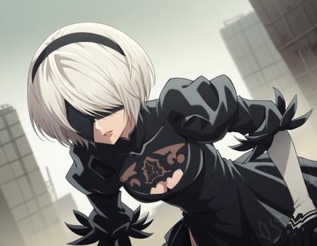 score_9, score_8_up, score_7_up, source_anime,2b, <lora:2b-s1-ponyxl-lora-nochekaiser:1>,2b, yorha no. 2 type b, short hair, white hair, hairband, mole, black hairband, mole under mouth, blindfold, covered eyes, black blindfold,gloves, long sleeves, dress, puffy sleeves, black dress, clothing cutout, cleavage cutout, juliet sleeves, feather-trimmed sleeves,outdoors, wasteland, bent over,solo, dutch angle, looking at viewer, cowboy shot,