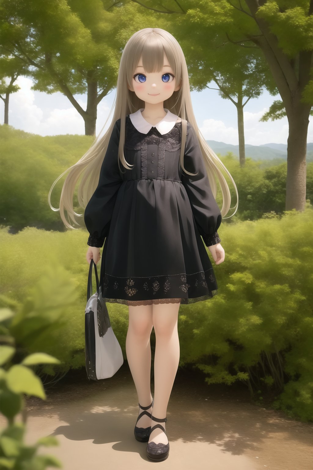 (masterpiece), (best quality), (extremely detailed), (1girl), solo, (pretty cute girl), looking at viewer, smile, slender, evenly sized eyes, extremely detailed eyes, full body, outdoors, extremely detailed wallpaper, (perfect detailed features), 16k