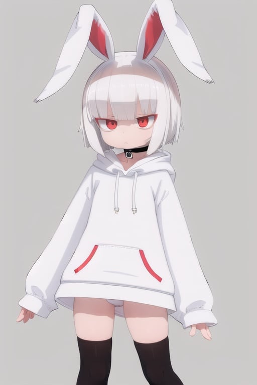 gray background,
1girl,
standing,
white hair,short hair,rabbit ears,
red eyes,
expressionless,
long sleeves,long sleeves,rabbit hoodie jacket,black choker,
thighhighs,zettai ryouiki