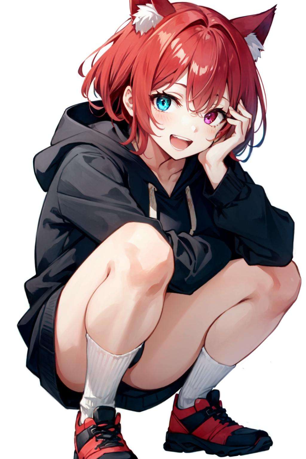 1girl,solo, catgirl, squatting, hand on own face, hoodie, hood down, red hair, heterochromia, smile, open mouth, white background, 