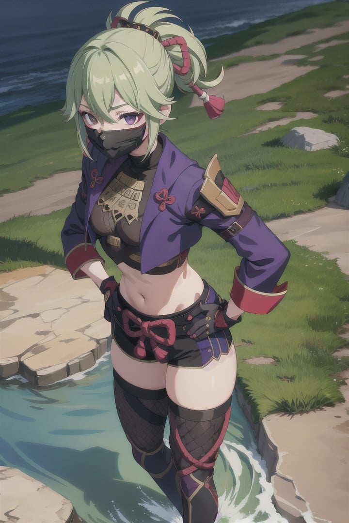 masterpiece, best quality, KShinobuV4, 1girl, solo, breasts, looking at viewer, thighhighs, gloves, navel, hair between eyes, standing, outdoors, standing on stone, sea, water, night, jacket, cowboy shot, from above, shorts, midriff, stomach, armor, crop top, hand on hip, short shorts, mask, black shorts, fishnets, rope, cropped jacket, mouth mask, purple jacket, fishnet top, ninja mask