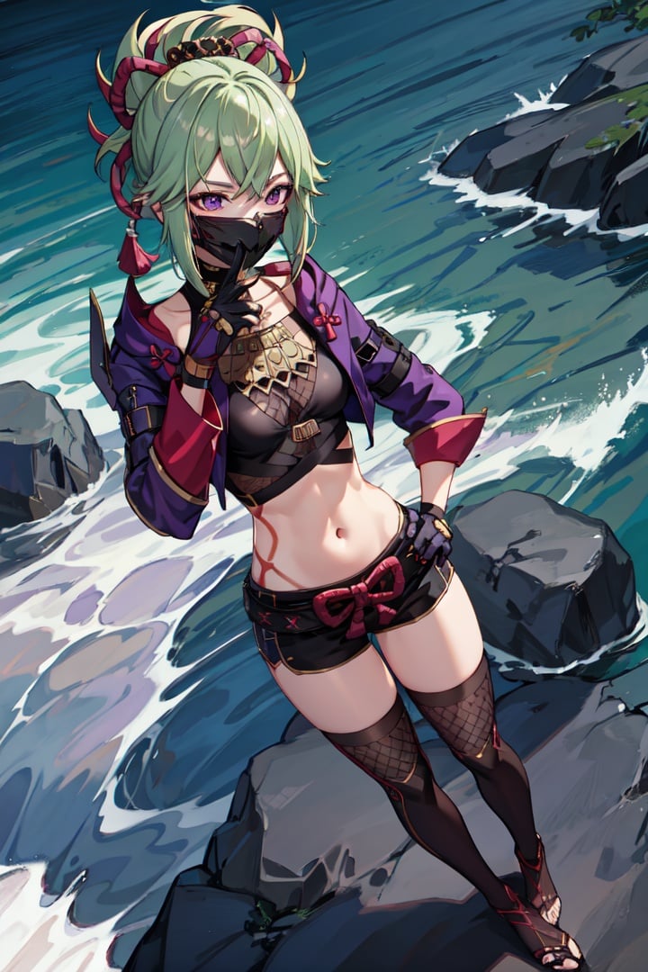 masterpiece, best quality, KShinobuV4, 1girl, solo, breasts, looking at viewer, thighhighs, gloves, navel, hair between eyes, standing, outdoors, standing on stone, sea, water, night, jacket, cowboy shot, from above, shorts, midriff, stomach, armor, crop top, hand on hip, short shorts, mask, black shorts, fishnets, rope, cropped jacket, mouth mask, purple jacket, fishnet top, ninja mask