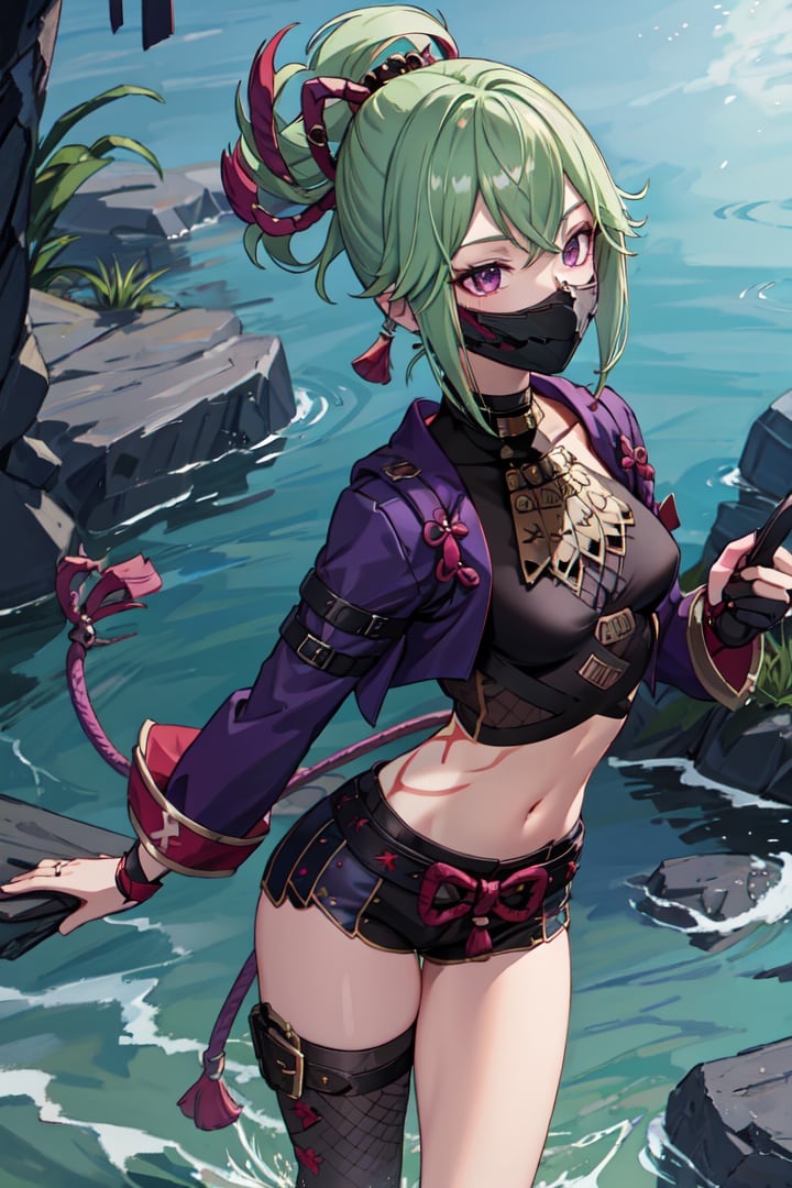 masterpiece, best quality, KShinobuV4, 1girl, solo, breasts, looking at viewer, thighhighs, gloves, navel, hair between eyes, standing, outdoors, standing on stone, sea, water, night, jacket, cowboy shot, from above, shorts, midriff, stomach, armor, crop top, hand on hip, short shorts, mask, black shorts, fishnets, rope, cropped jacket, mouth mask, purple jacket, fishnet top, ninja mask